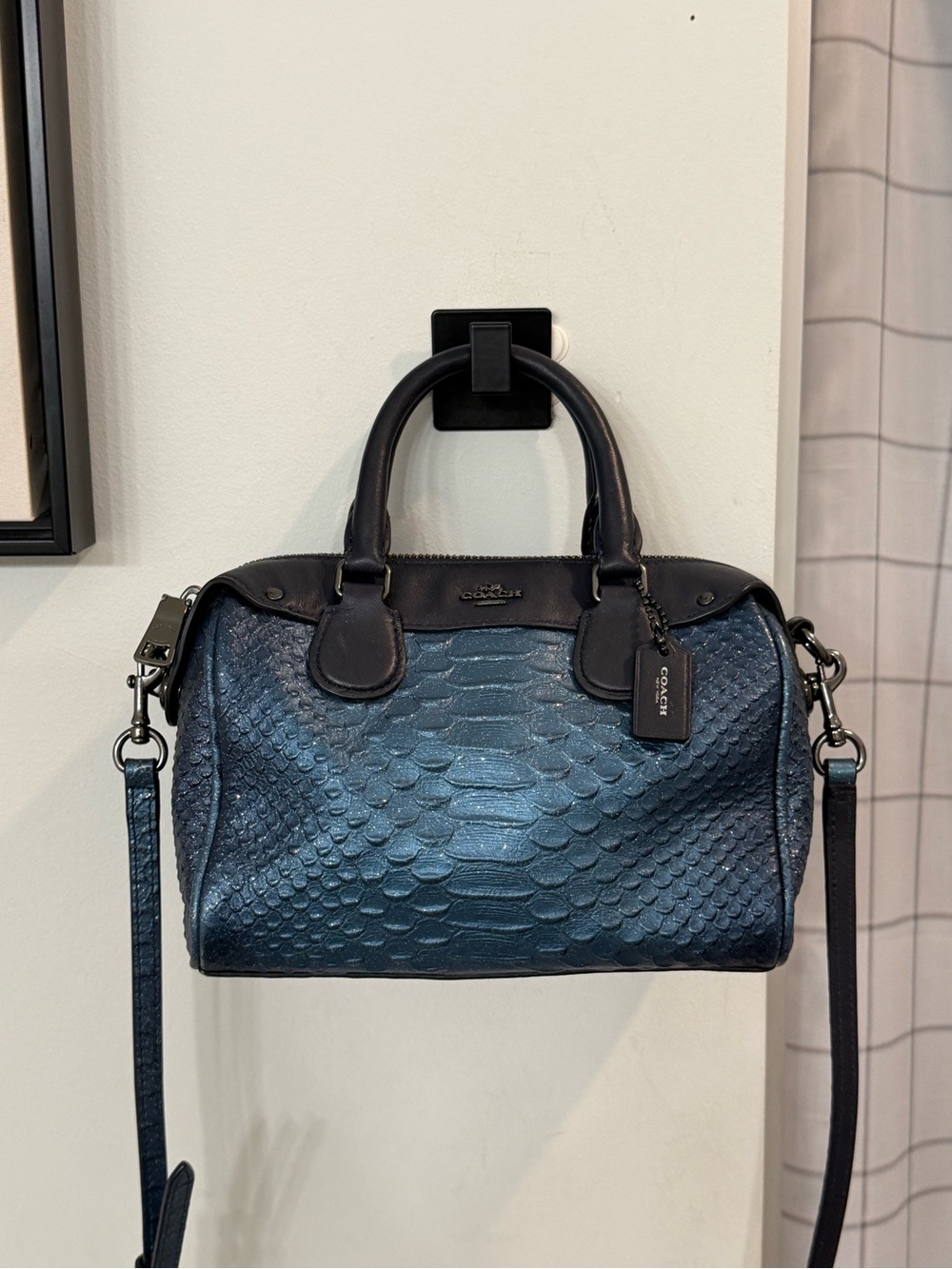 Coach Mini Bennett Satchel- Metallic Blue Snake-Embossed Shoulder Bag